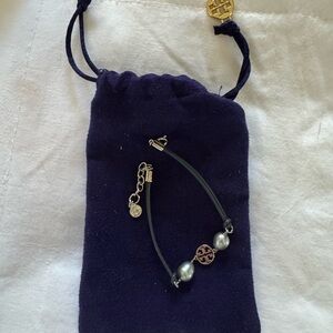 Auth Tory Burch SILVER Miller Cultured Pearl Leather Bracelet with dust Bag